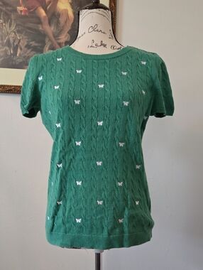 Talbots Green Cable Knit Sweater with Butterfly Embellishment